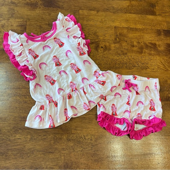 Free Birdees pink bumble gum heart ruffle two piece bamboo outfit size 3T - Picture 1 of 7